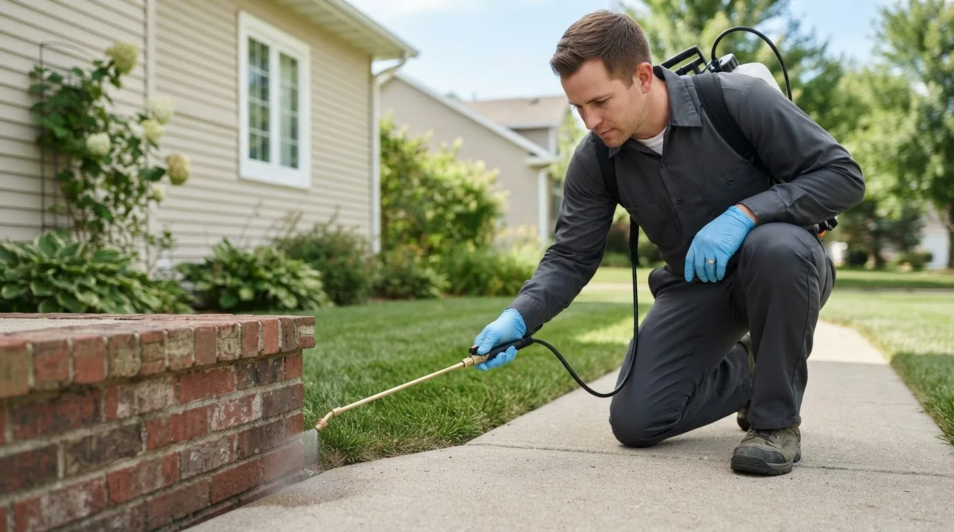 Pest control technician treating a home near Dover Afb, DE